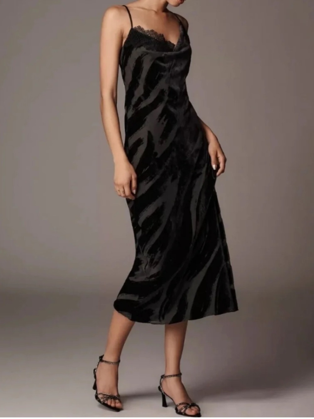 Anthropologie Black Velvet Burnout Lace Slip Midi Dress Zebra Mobwife Size XS